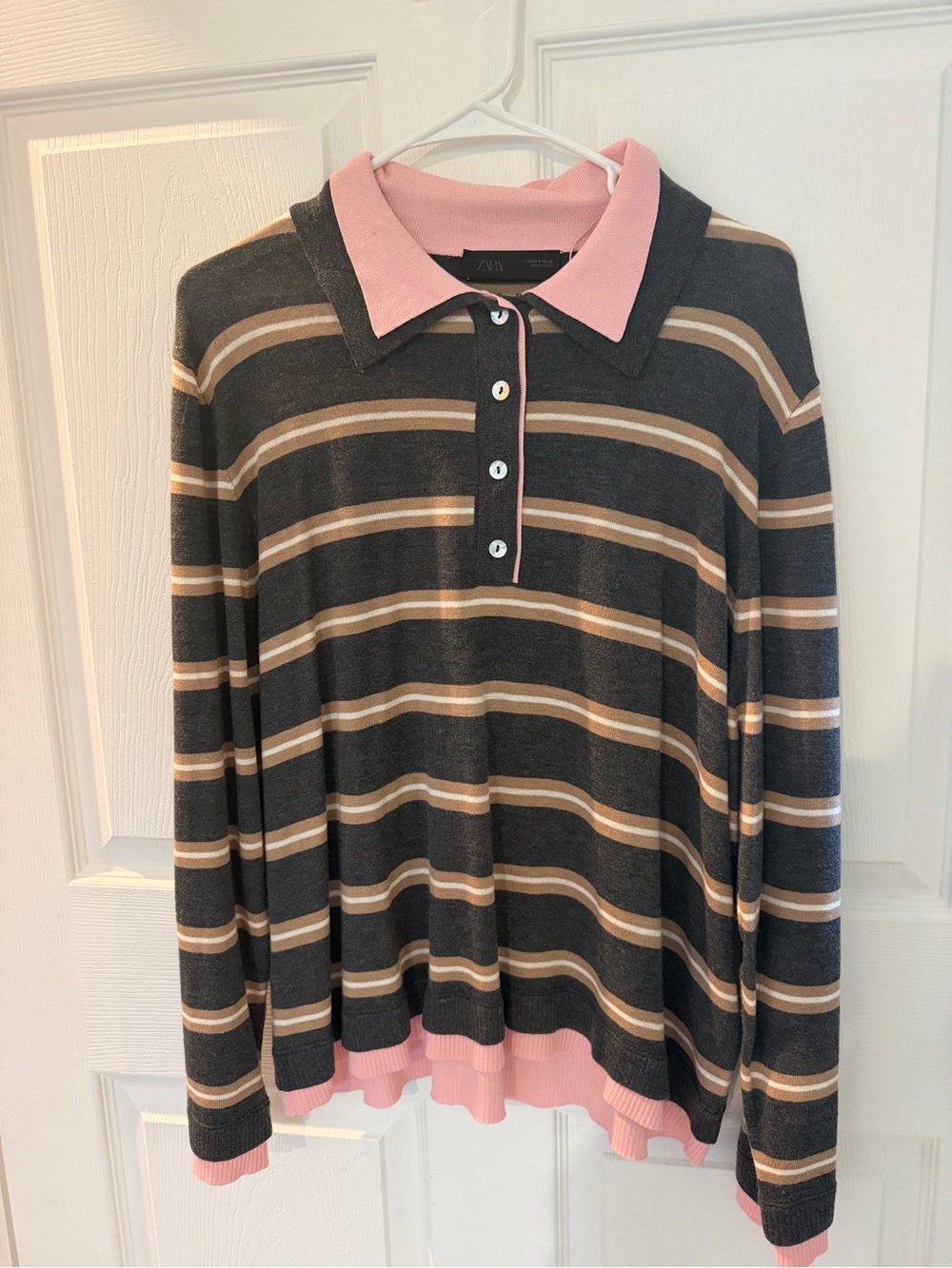 Zara Charcoal Striped Polo Sweater with Pink Collar